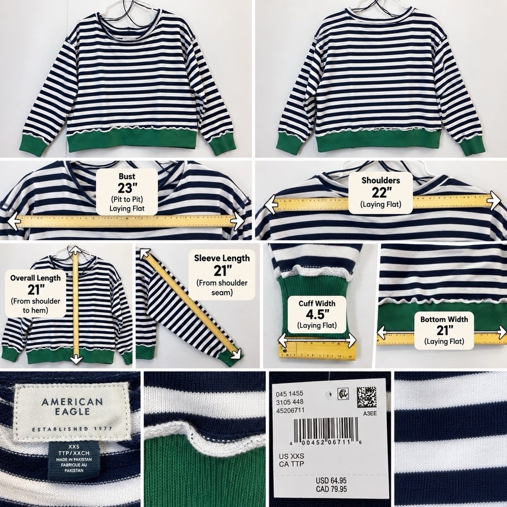 American Eagle Striped Cropped Pullover Sweatshirt Womens 2XS Blue Green - Picture 2 of 10